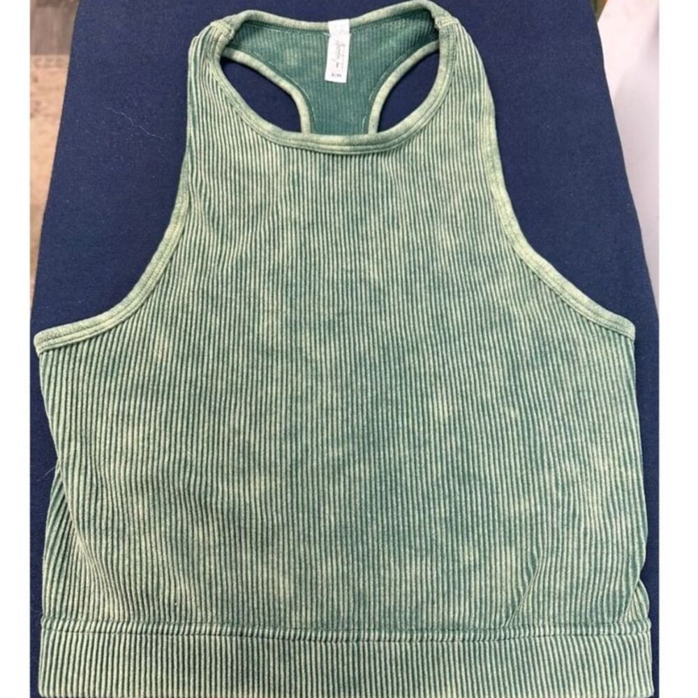 Alexander Jane | The Essential Crop Racerback Bralette Green Ribbed Top | S/M